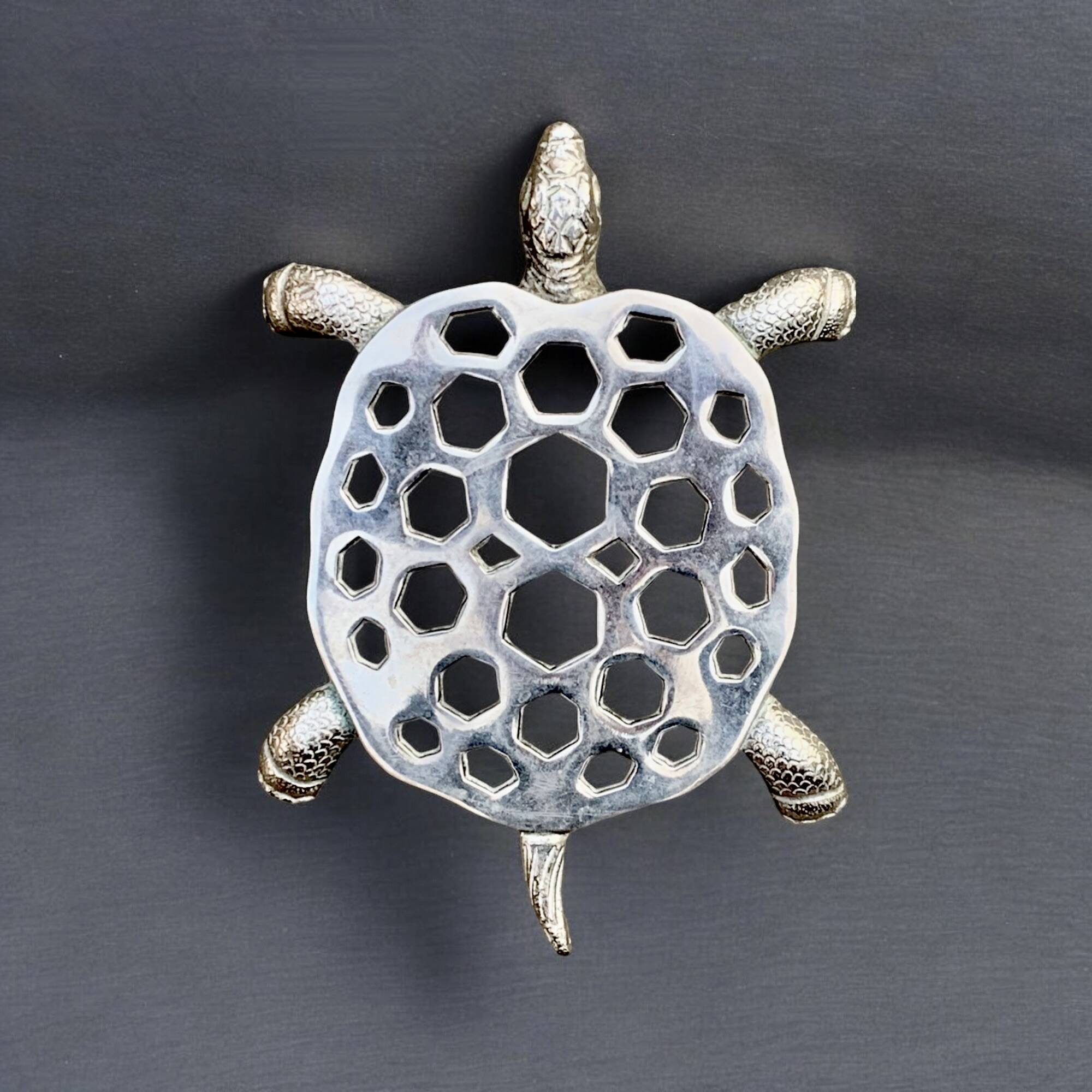 Vintage silver metal turtle trivet