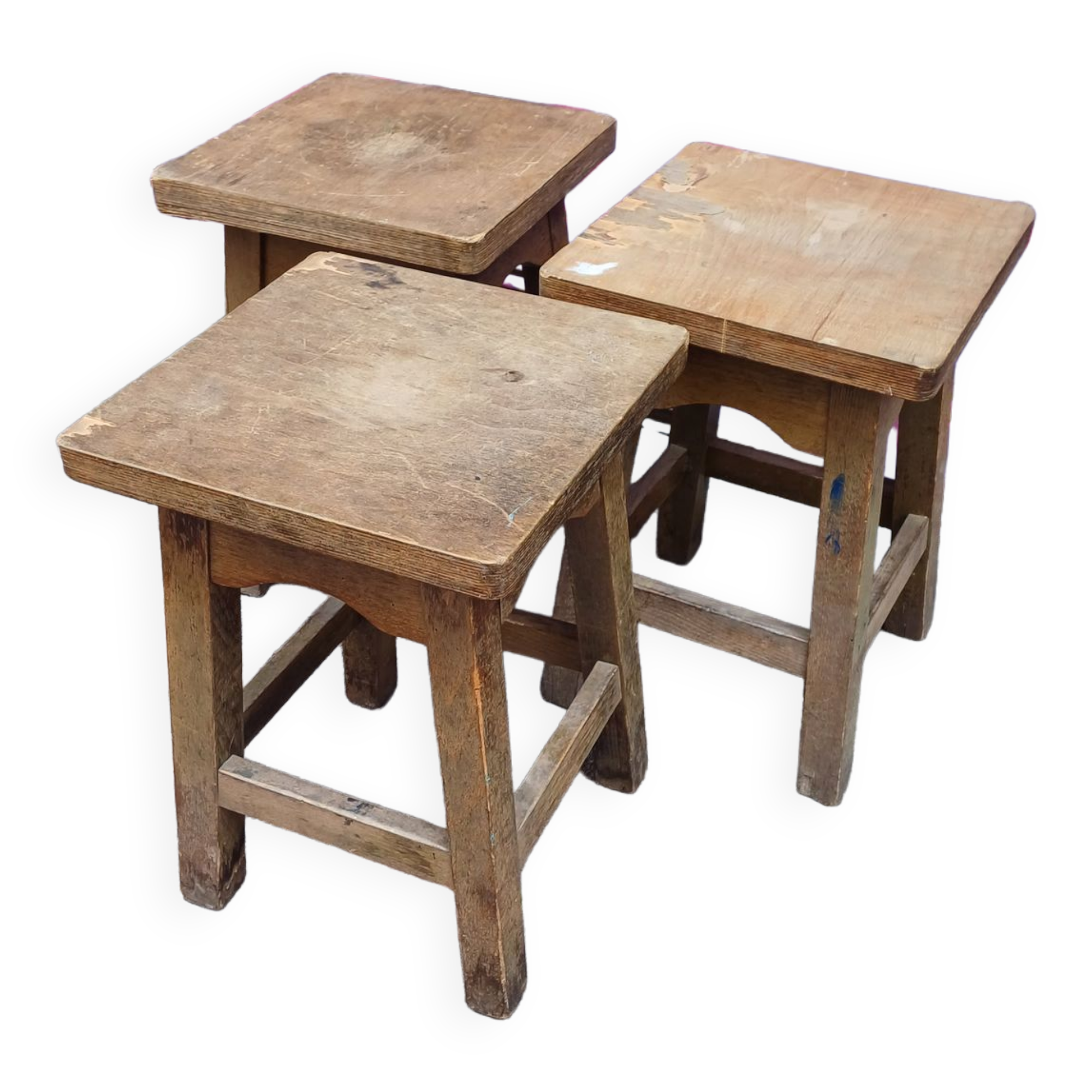3 vintage square wooden stools
