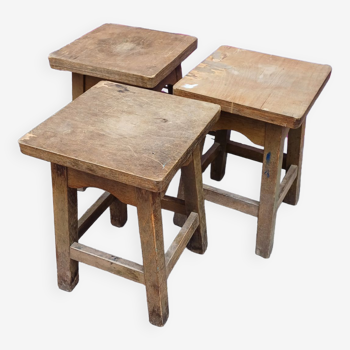 3 vintage square wooden stools