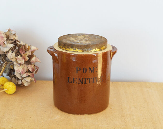 Pot ancien à pharmacie en grès vernissé avec inscription "POM LENITIVE"