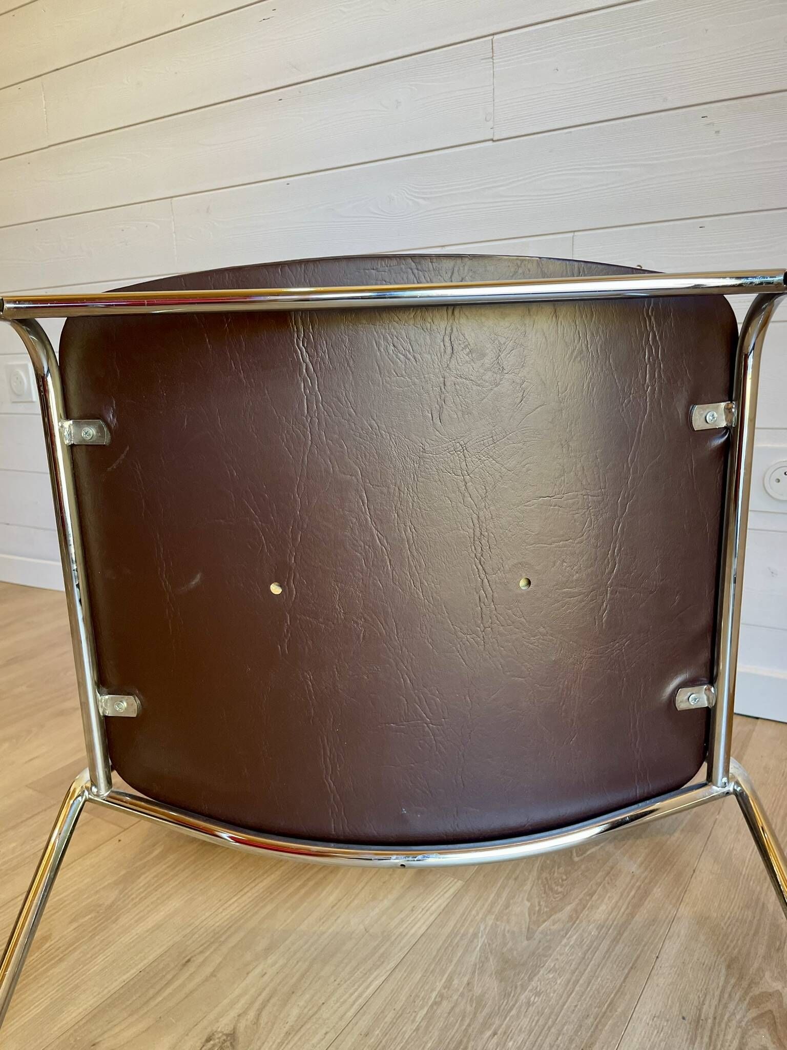 6 chrome sled armchairs Soudexvinyl brown vintage Skaï 70s