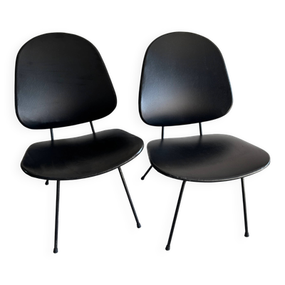 Ensemble de 2 fauteuils lounge en similicuir noir, modèle 301, par W.h. Gispen — Piètement en métal, années 1950