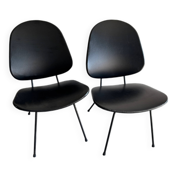 Set of 2 Black Leatherette Lounge Chairs Model 301 by W.h. Gispen — Metal Base, 1950s