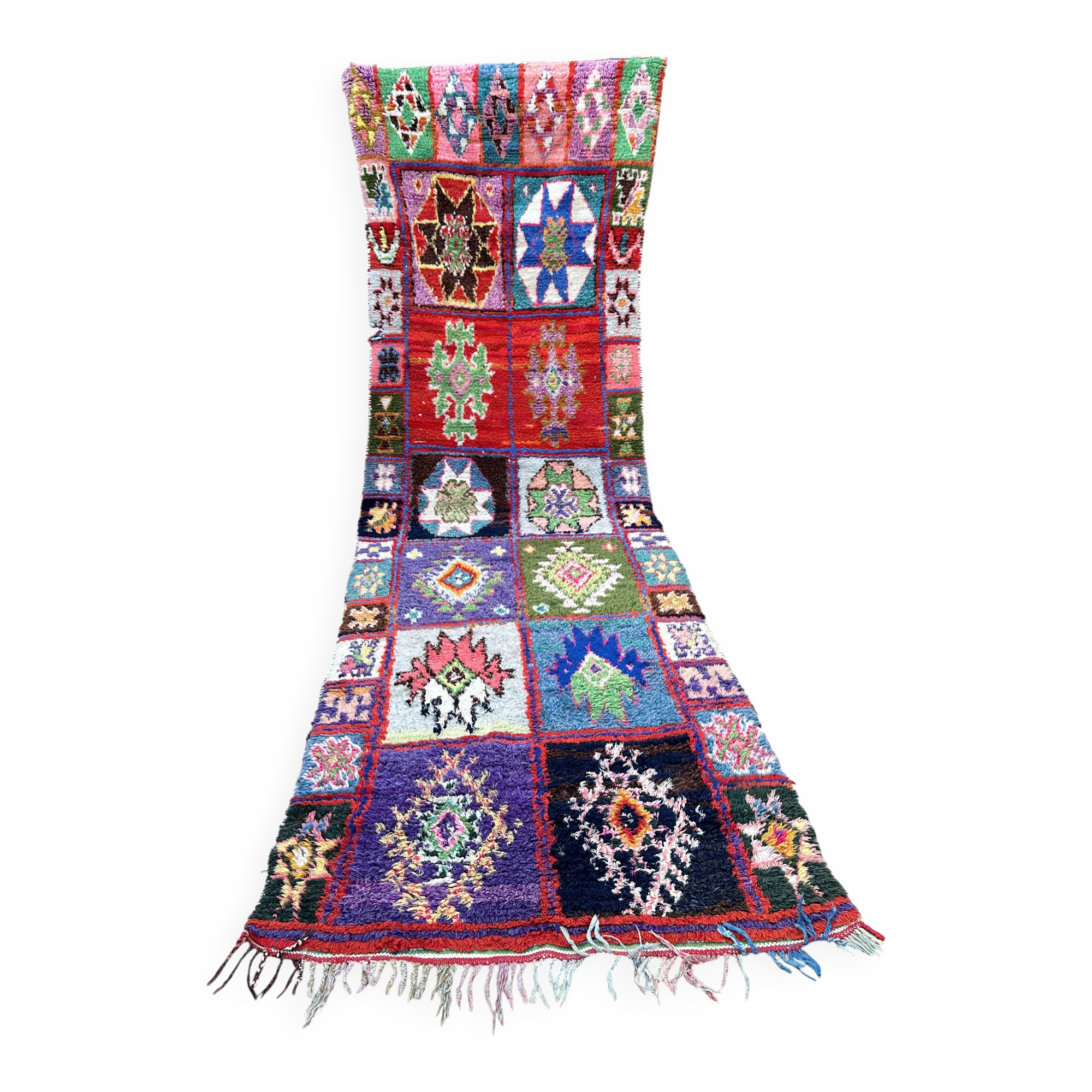 Vintage Boucherouite hallway rug: handwoven Berber rug