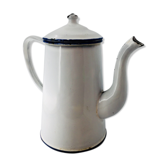 Cafetière ancienne acier émaillé blanche et bleu
