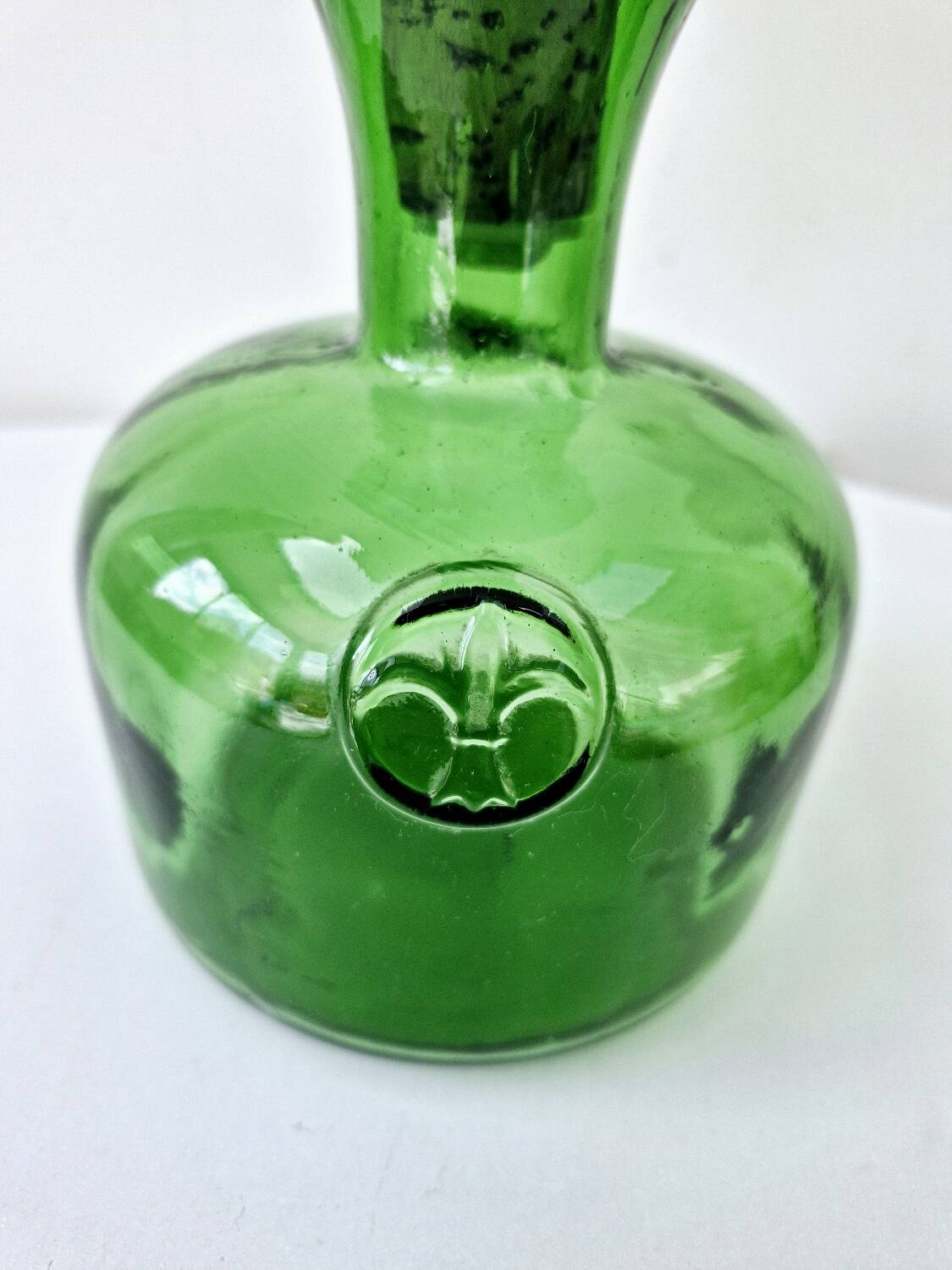 Vintage Green Empoli Italian Glass Carafe With Fleur De Lys Seal Stopper