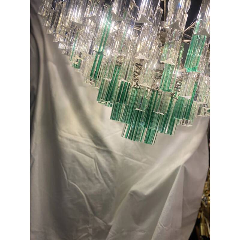 Vintage Green “Quadriedro” and Clear Triedro Murano Style Glass Chandelier