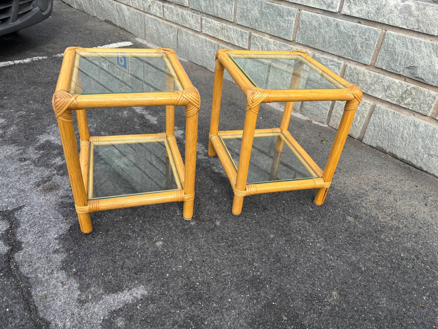 Pair of rattan and glass side tables – 1970s vintage style