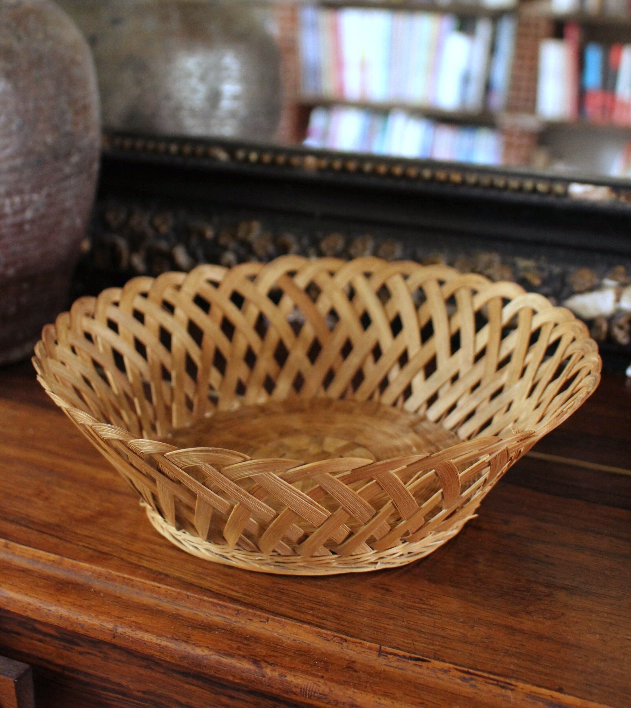 Round openwork basket vintage wicker