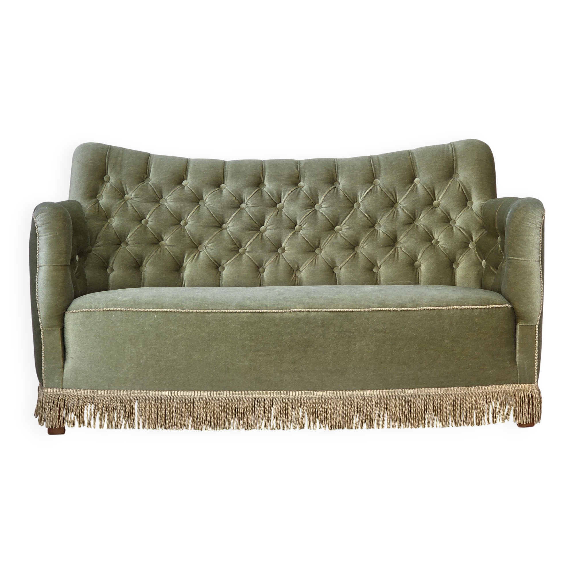 1960s, Danish 2-seater sofa, light green furniture velour, ash wood.