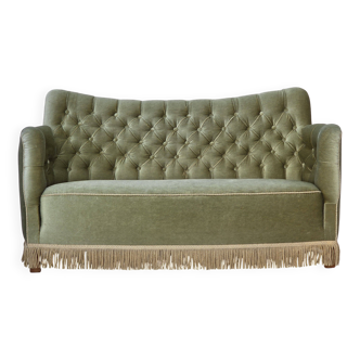 1960s, Danish 2-seater sofa, light green furniture velour, ash wood.