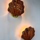 Pair of shell-shaped wicker wall sconces – rattan & brass, circa Italy 1970s