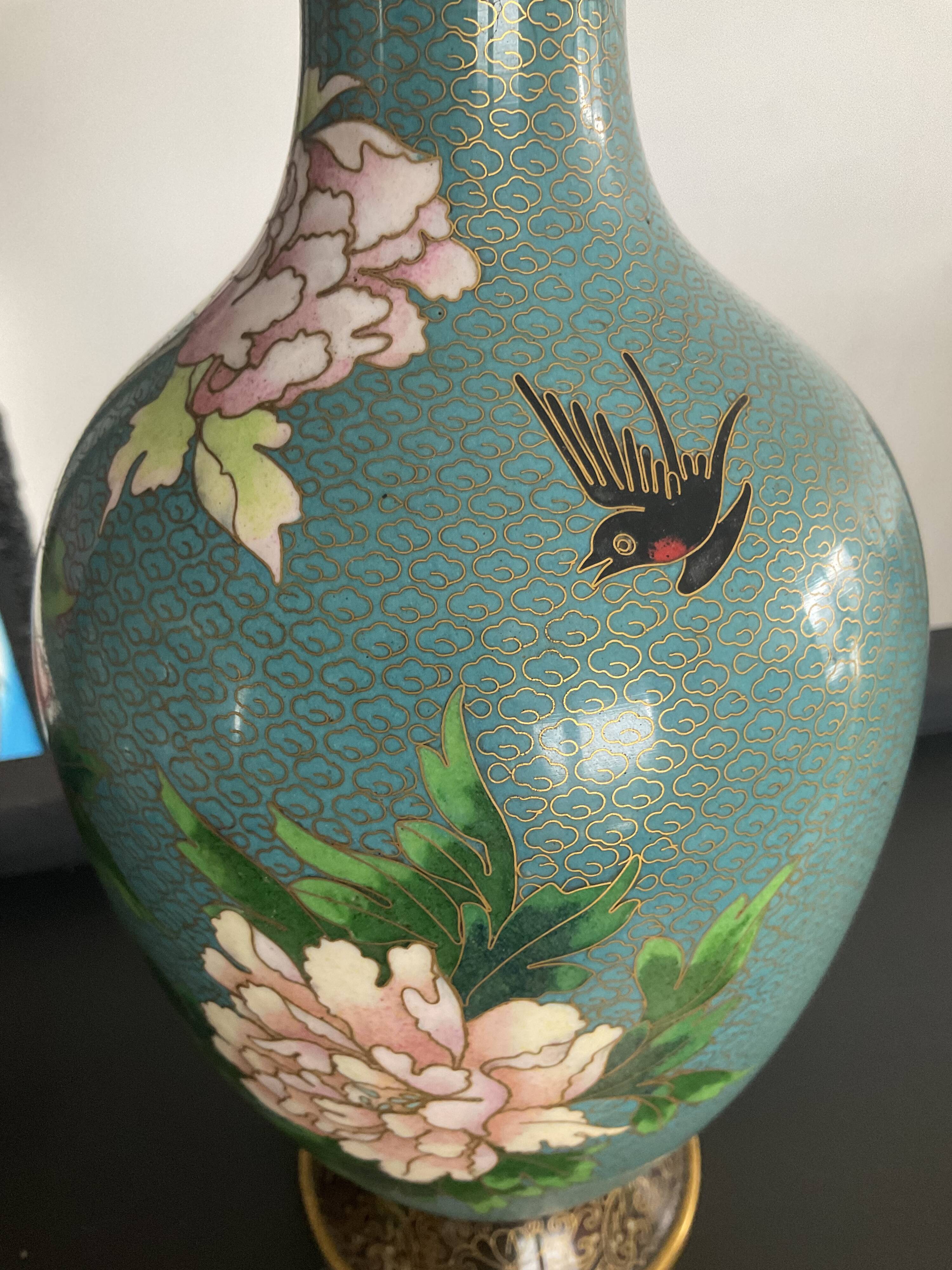 Vintage cloisonné vase in enamels and brass
