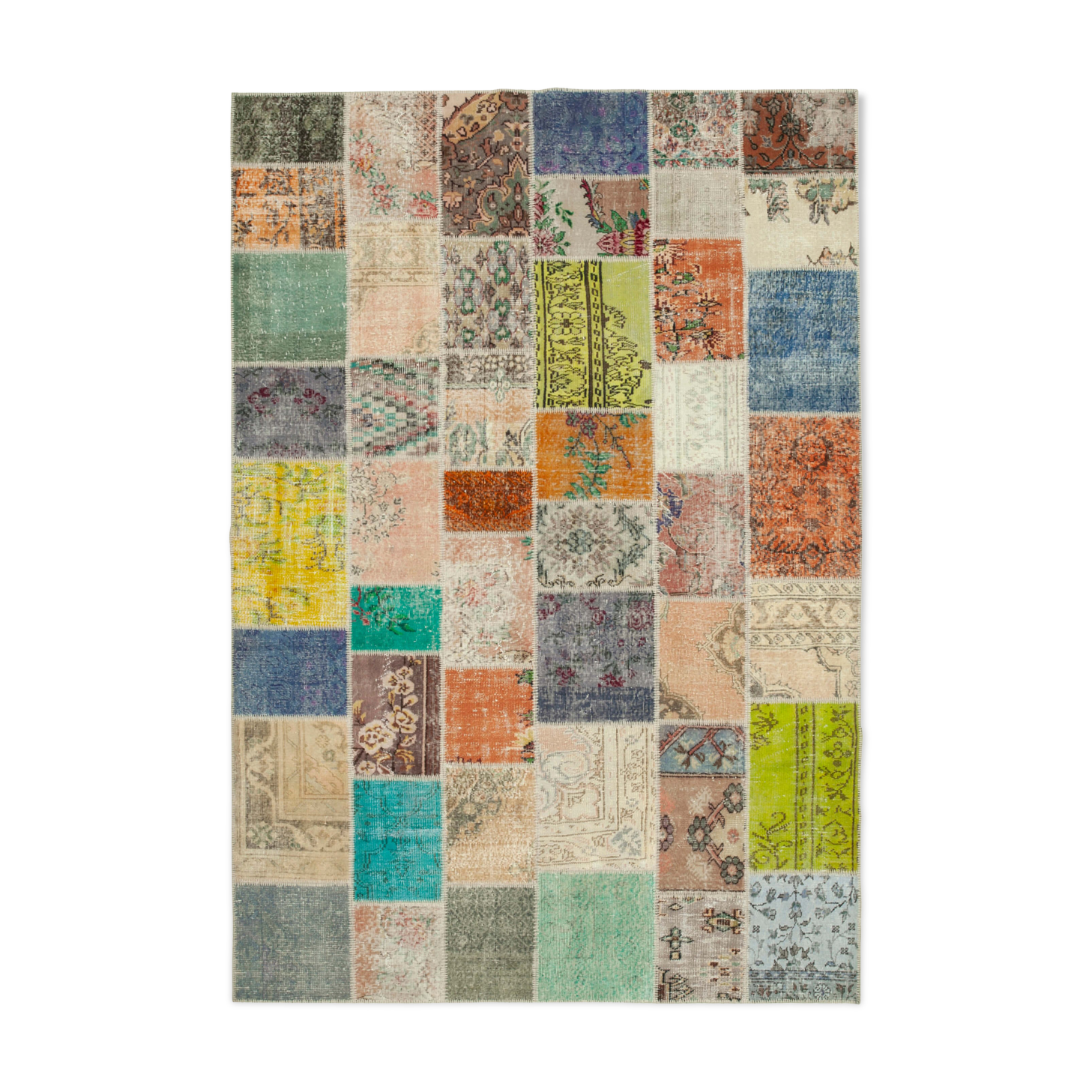 Handmade anatolian overdyed 206 cm x 297 cm multicolor patchwork carpet