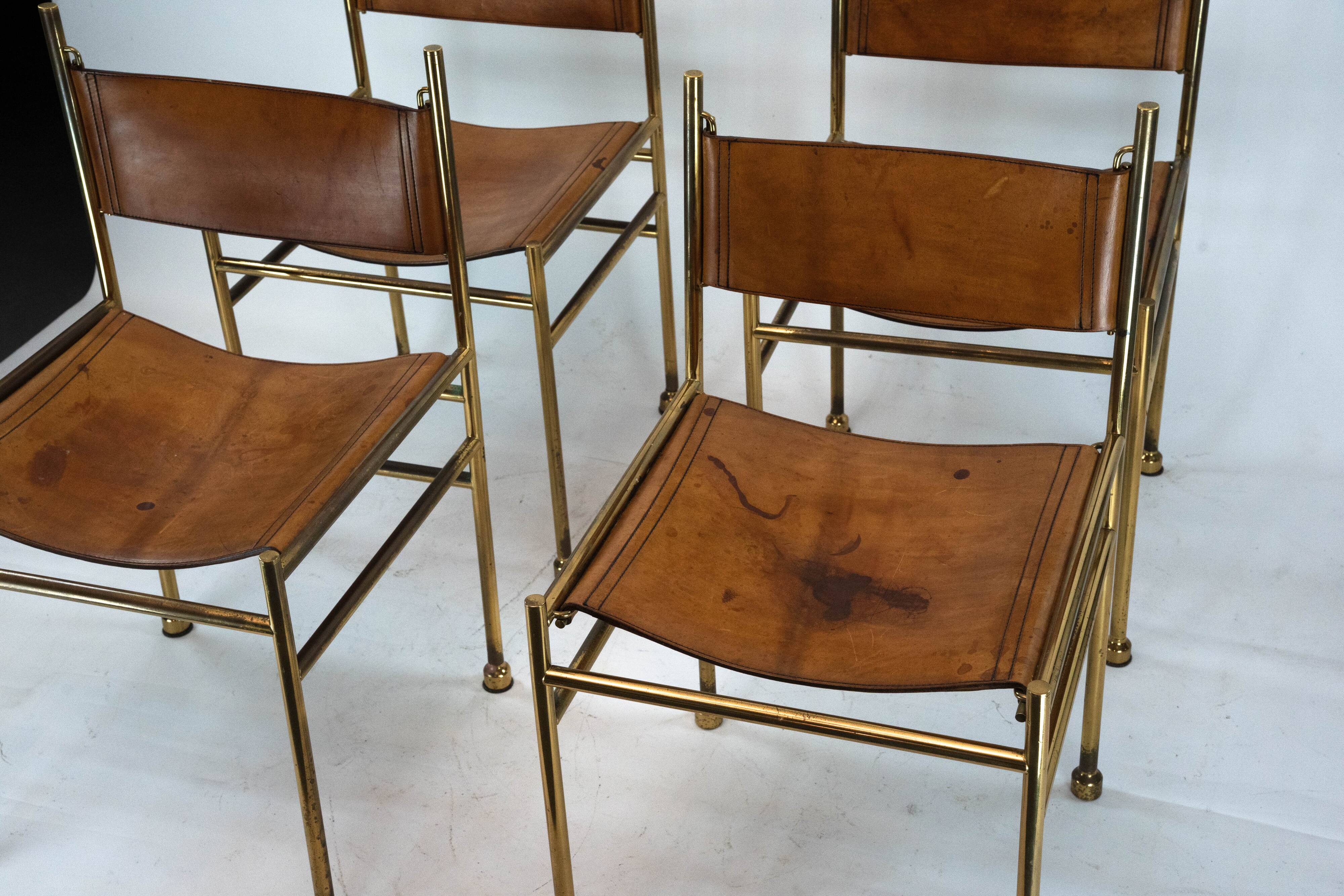 Set of 4 Brass and Leather Chairs by Luciano Frigerio, Italy, 1970s