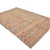 6x8 Light Green Brown Turkish Kilim Rug, 173x260Cm