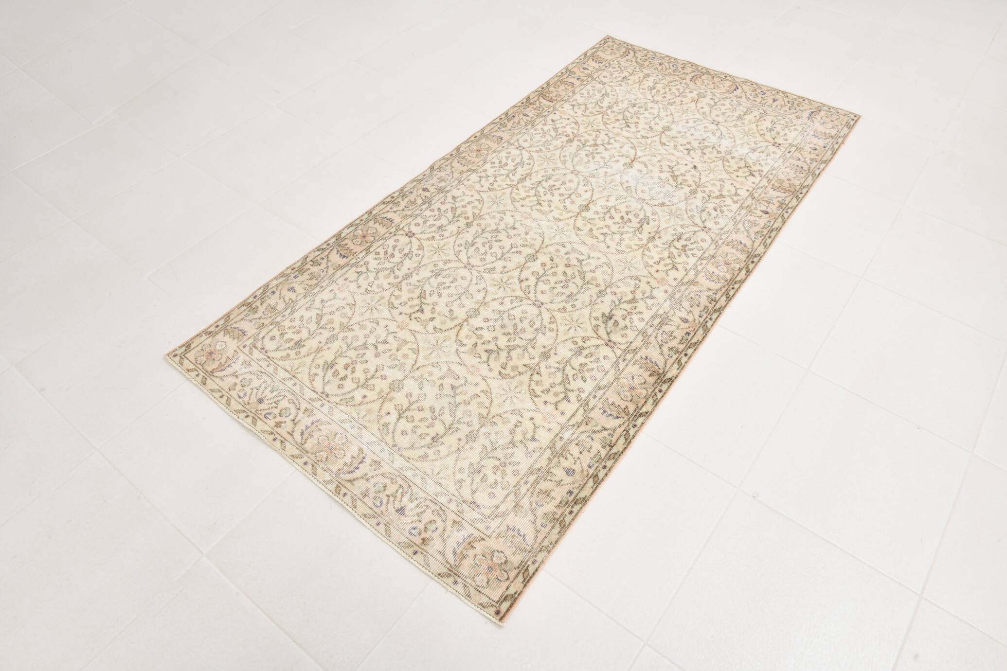 3x7 Brown Cream Floral Handmade Vintage Rug, 105x211Cm