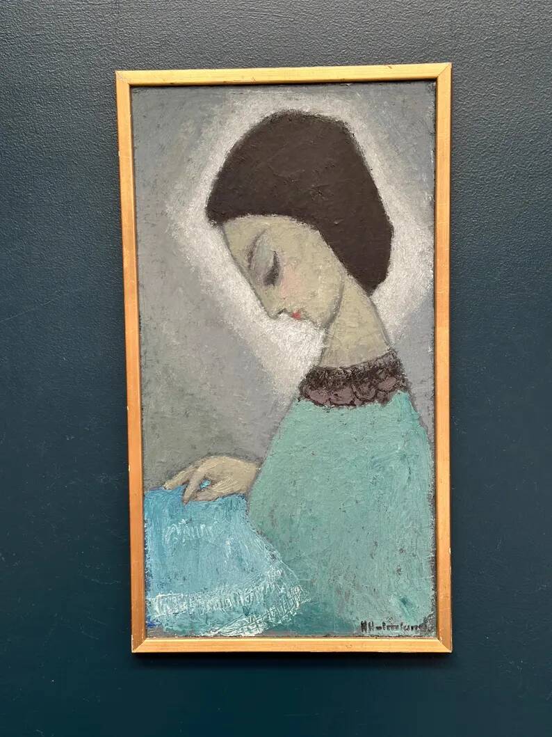 Original Swedish oil on canvas – "Lady" by Helge Holmlund – Signed – vintage and framed – 65 × 36.5 cm (25.6" × 14.4")