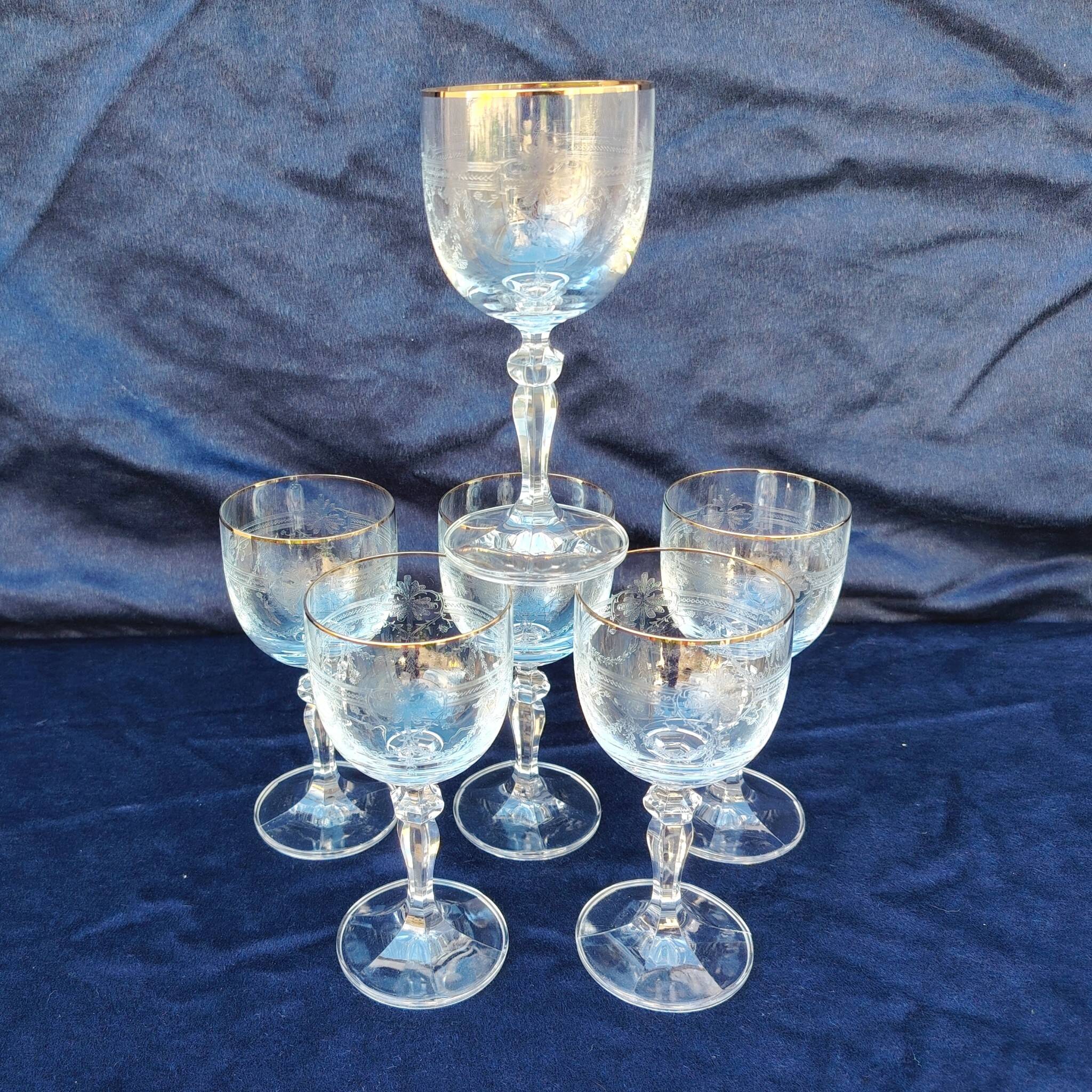 Six vintage wine glasses, cut crystal, gold rim