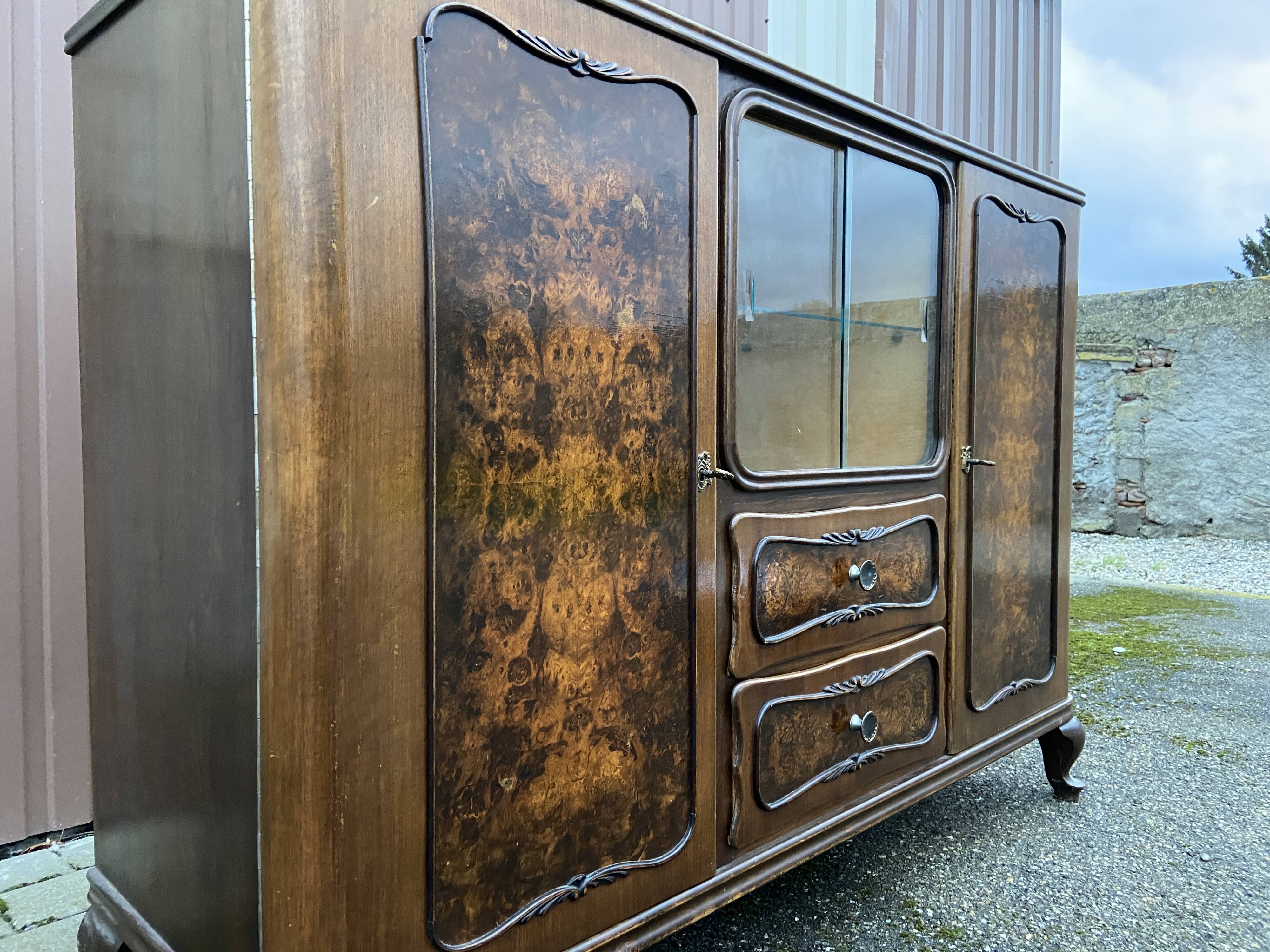 Art deco Chippendale sideboard Mid-century vintage 1950 Burl walnut