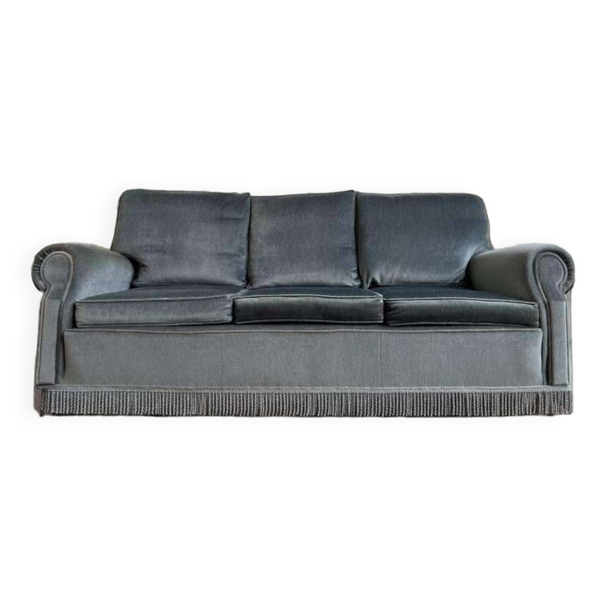 Vintage blue-grey velvet fringed seat / armchair