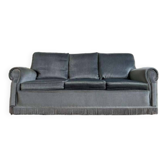 Vintage blue-grey velvet fringed seat / armchair