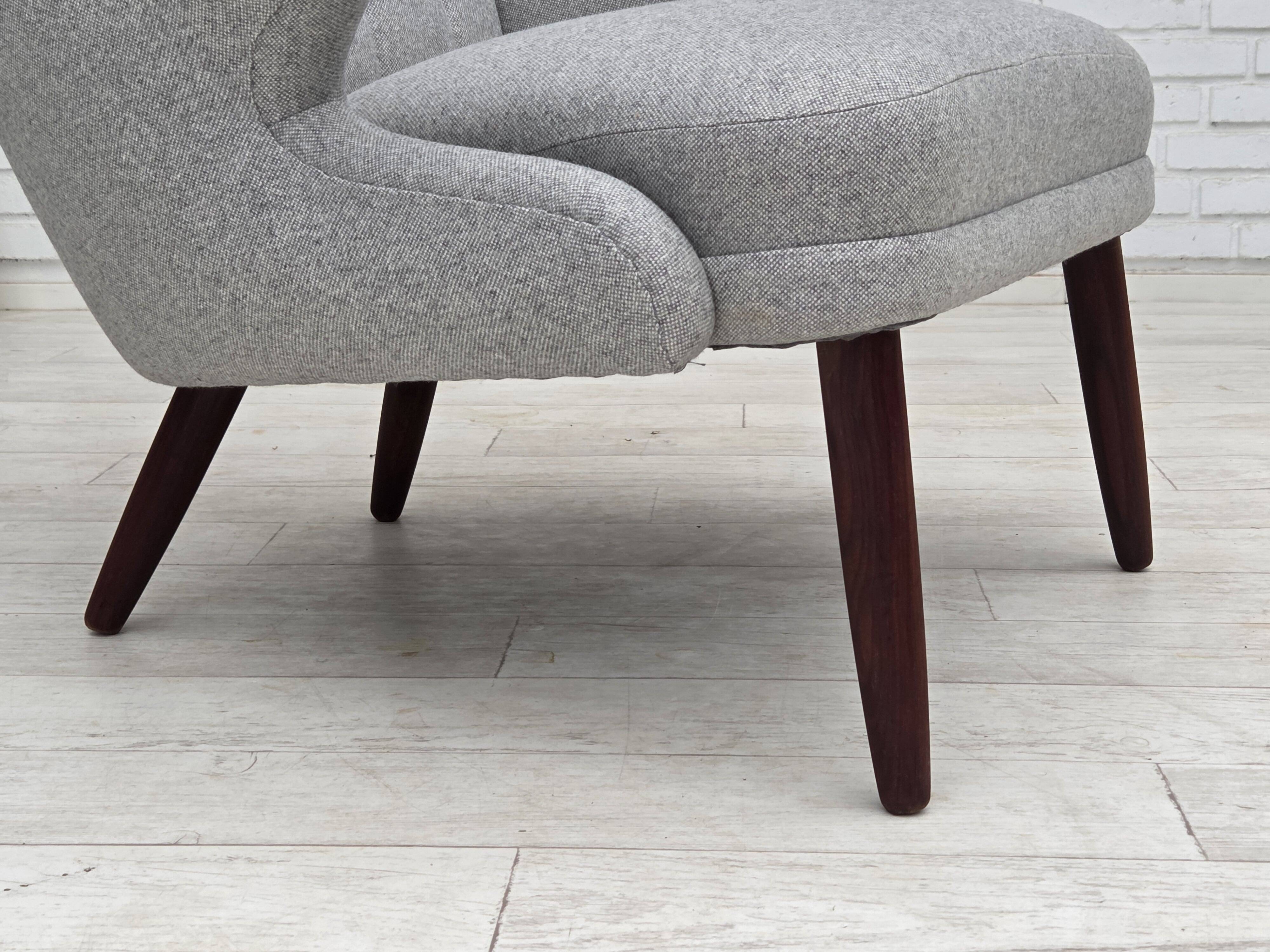 1960s, Danish "Teddy chair" with stool, reupholstered, wool, teak wood.