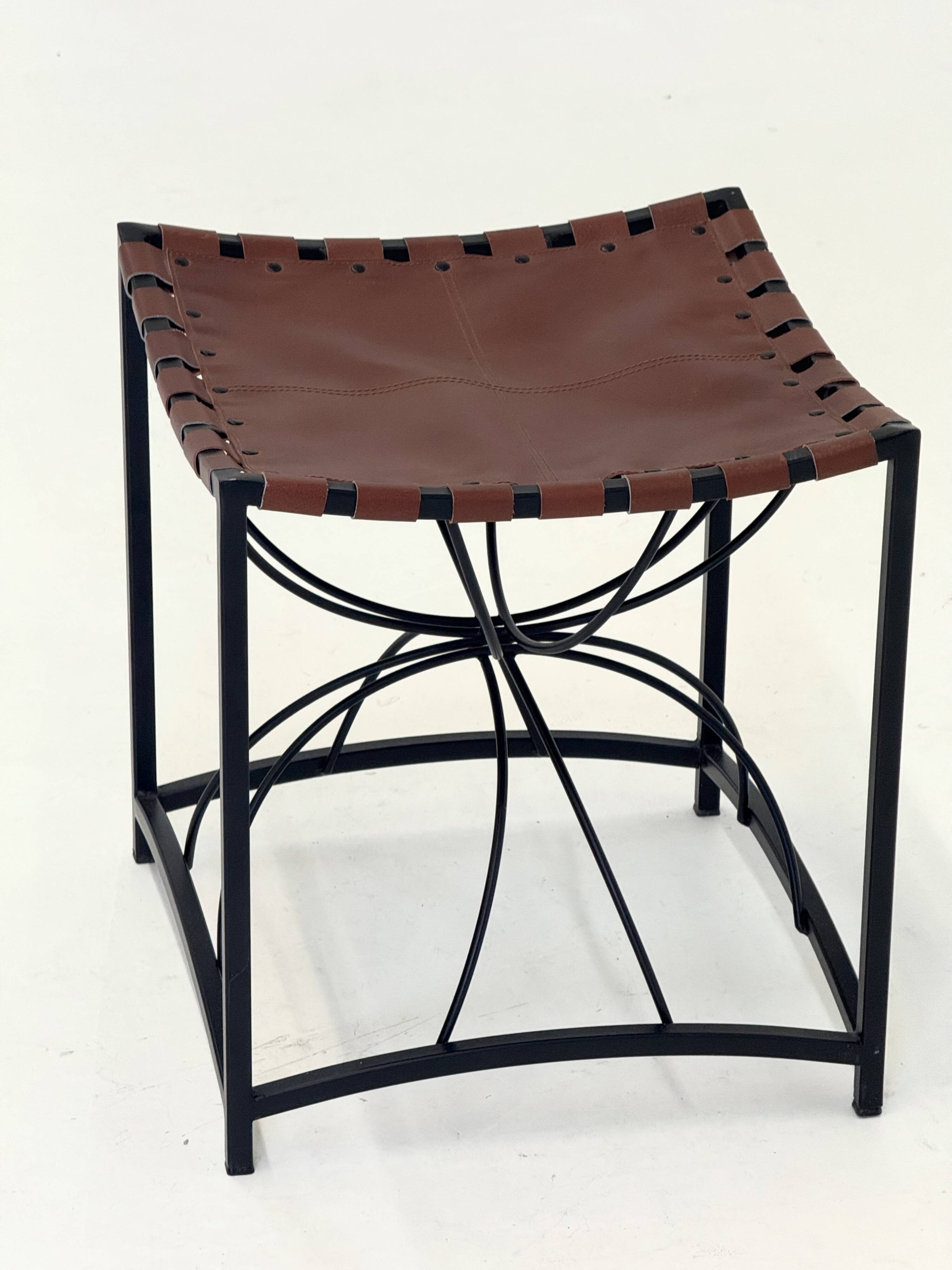 French elegant vintage stool with black metal and brown leather