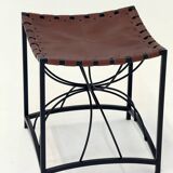 French elegant vintage stool with black metal and brown leather
