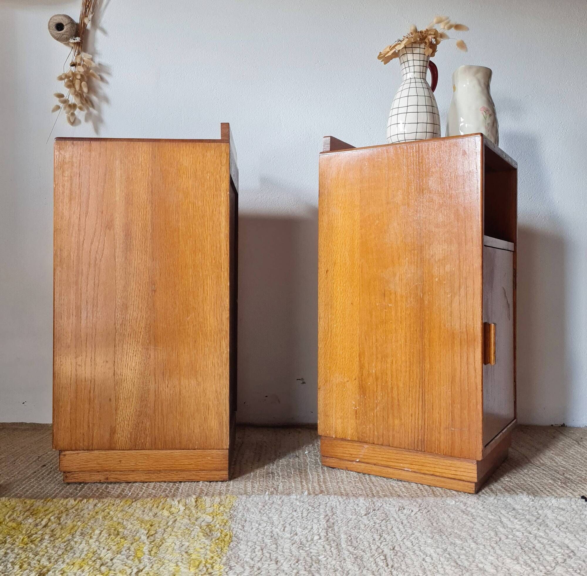 Art Deco pair of bedside tables in light oak by A. Gardner & Son