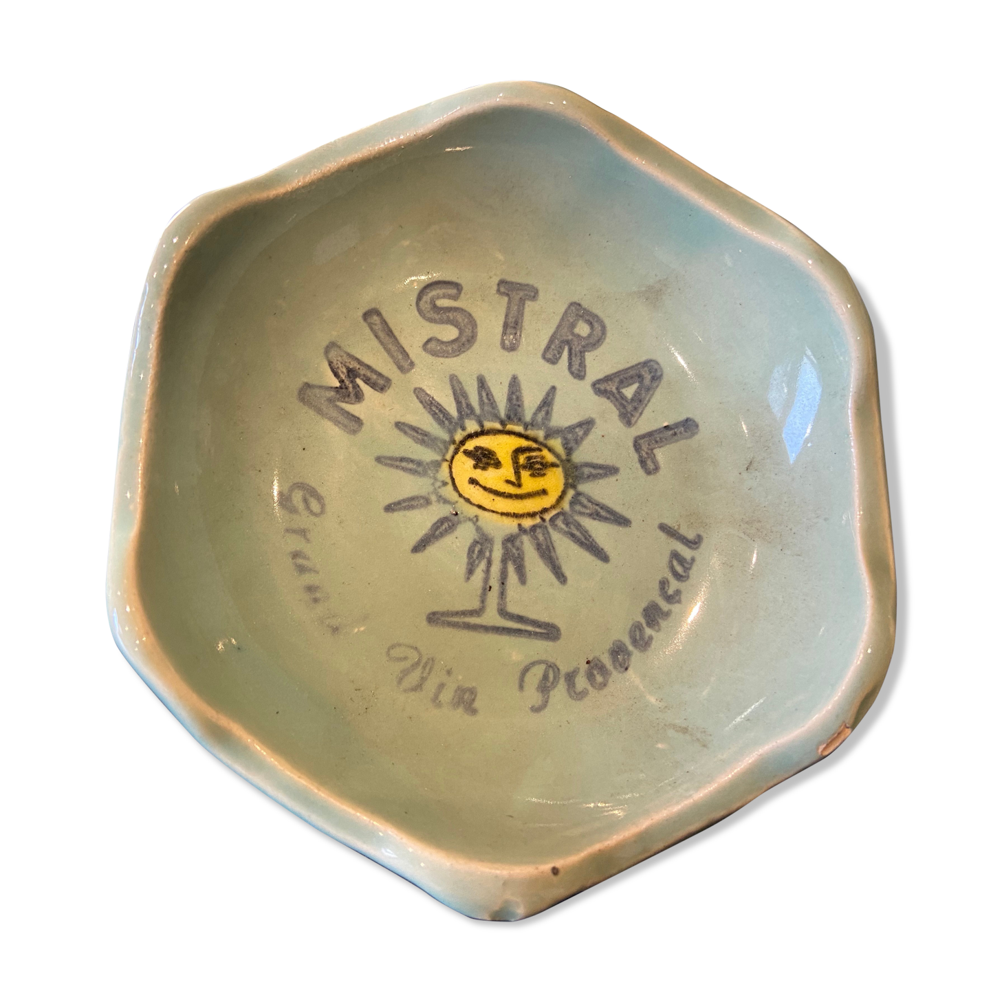 Ceramic bistro ashtray Provence advertising Vin MISTRAL CAUVIERES CANNES