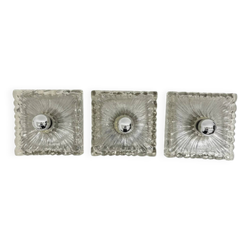 Hustadt Leuchten ice glass wall lamp sconce set of 3, 1970s Germany