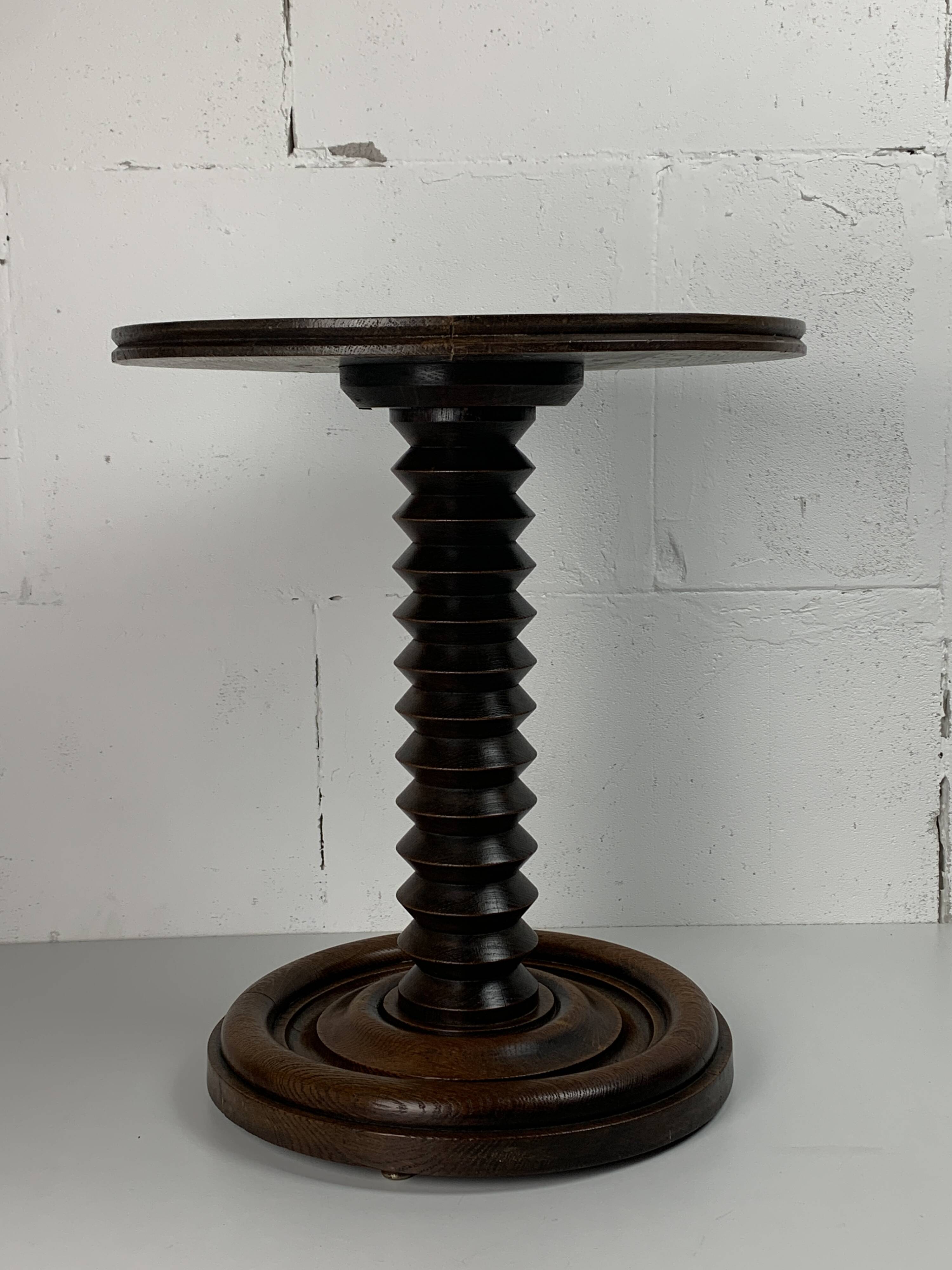 Brutalist Wood Turned Wine Press Side Table in the style of Charles Dudouyt