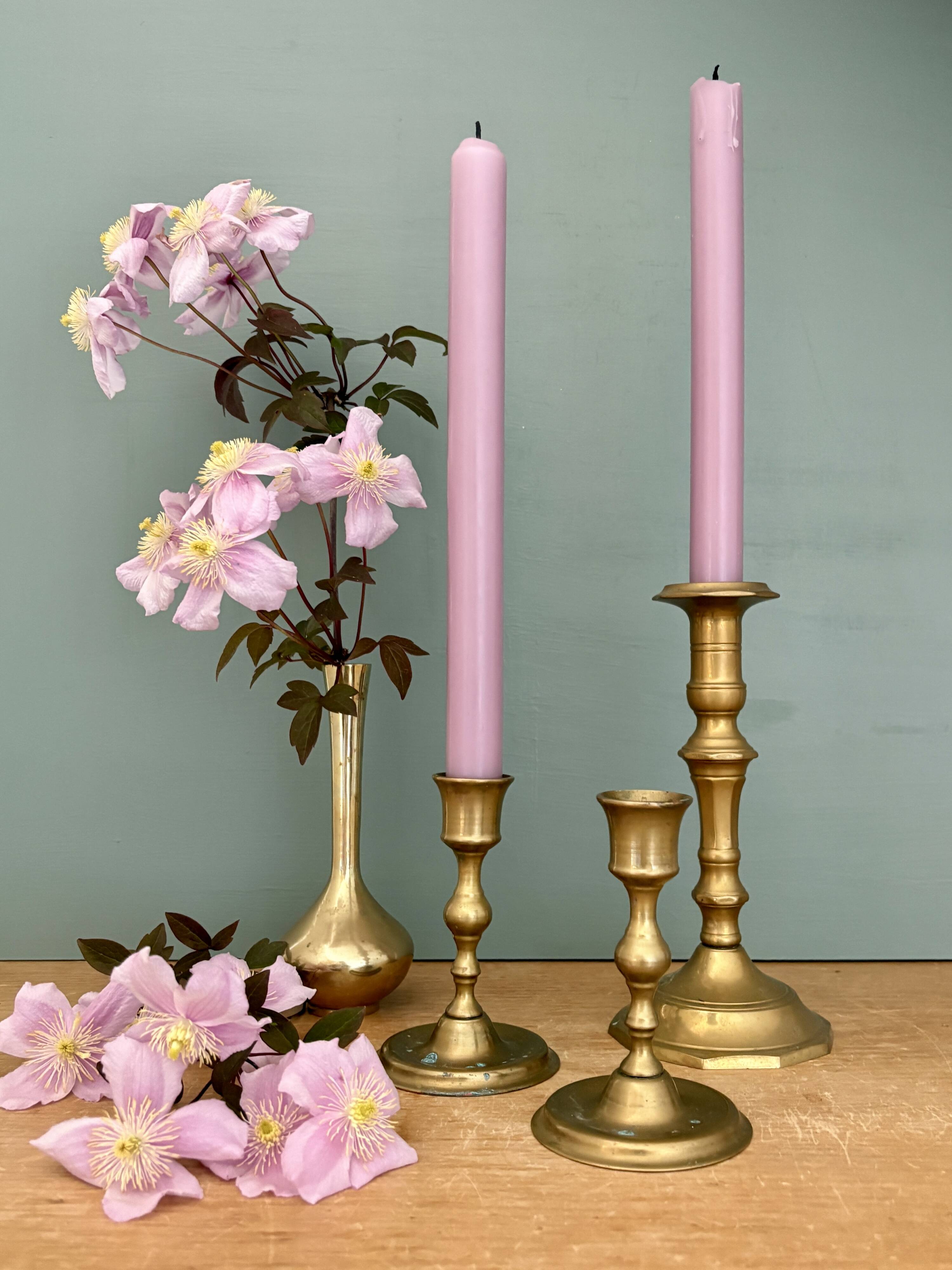 Set of 3 antique brass candle holders/candelabra.