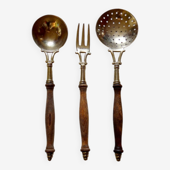 Trio of large brass and wood cutlery