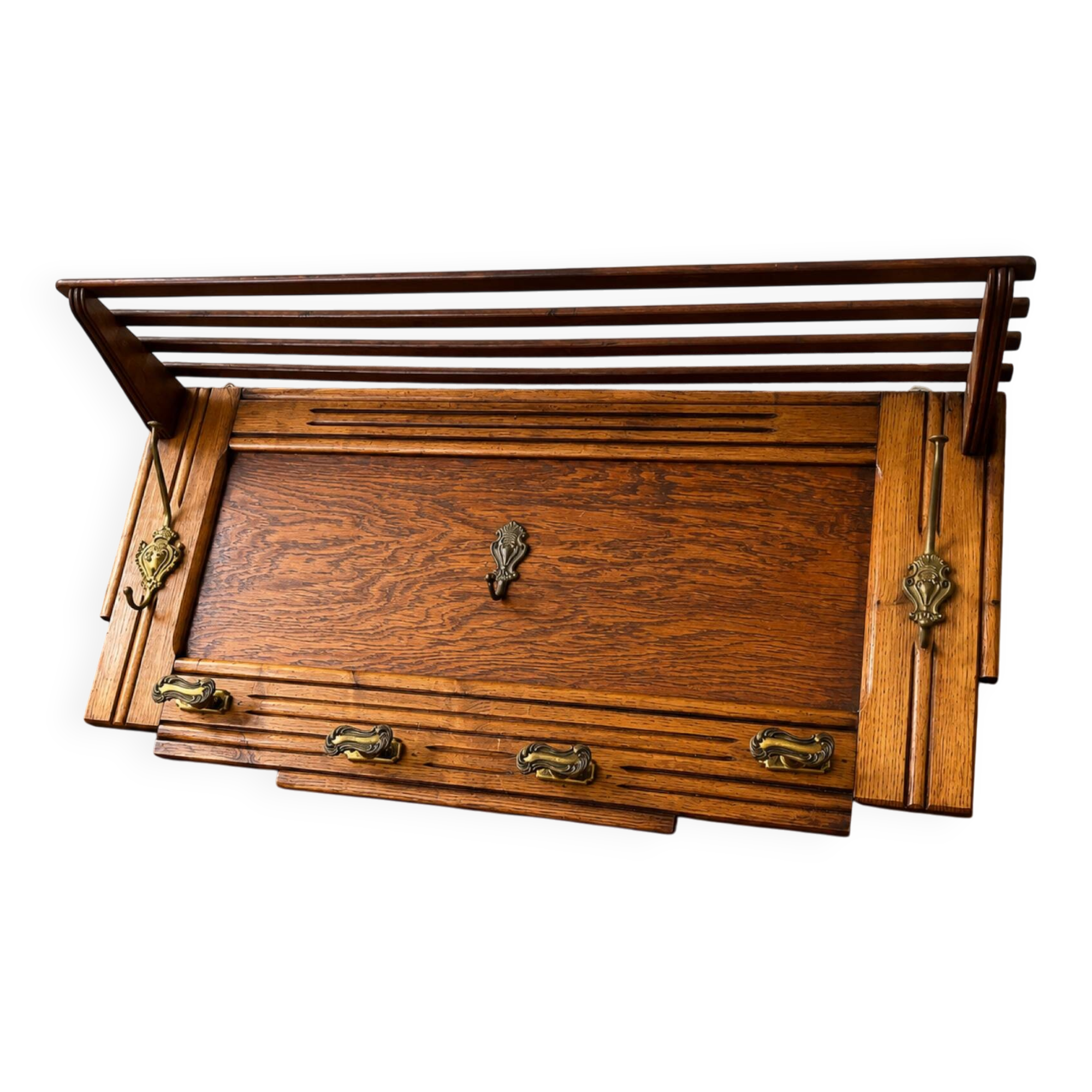 Large antique oak and brass wall coat rack – luggage rack style