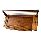 Large antique oak and brass wall coat rack – luggage rack style