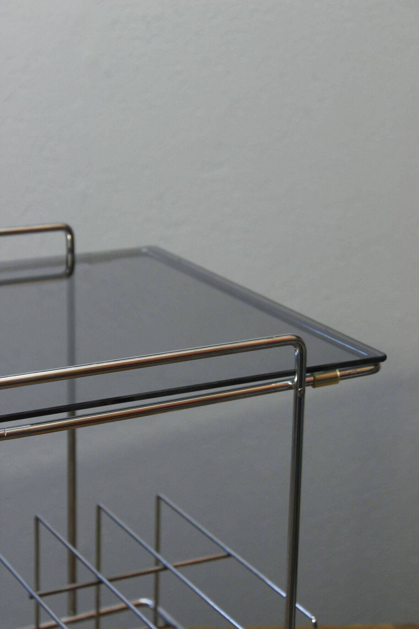 Rolling furniture serving for HIFI vinyl storage chrome & smoked glass 1970s