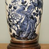 Ceramic lamp with Asian decoration with matching lampshade.