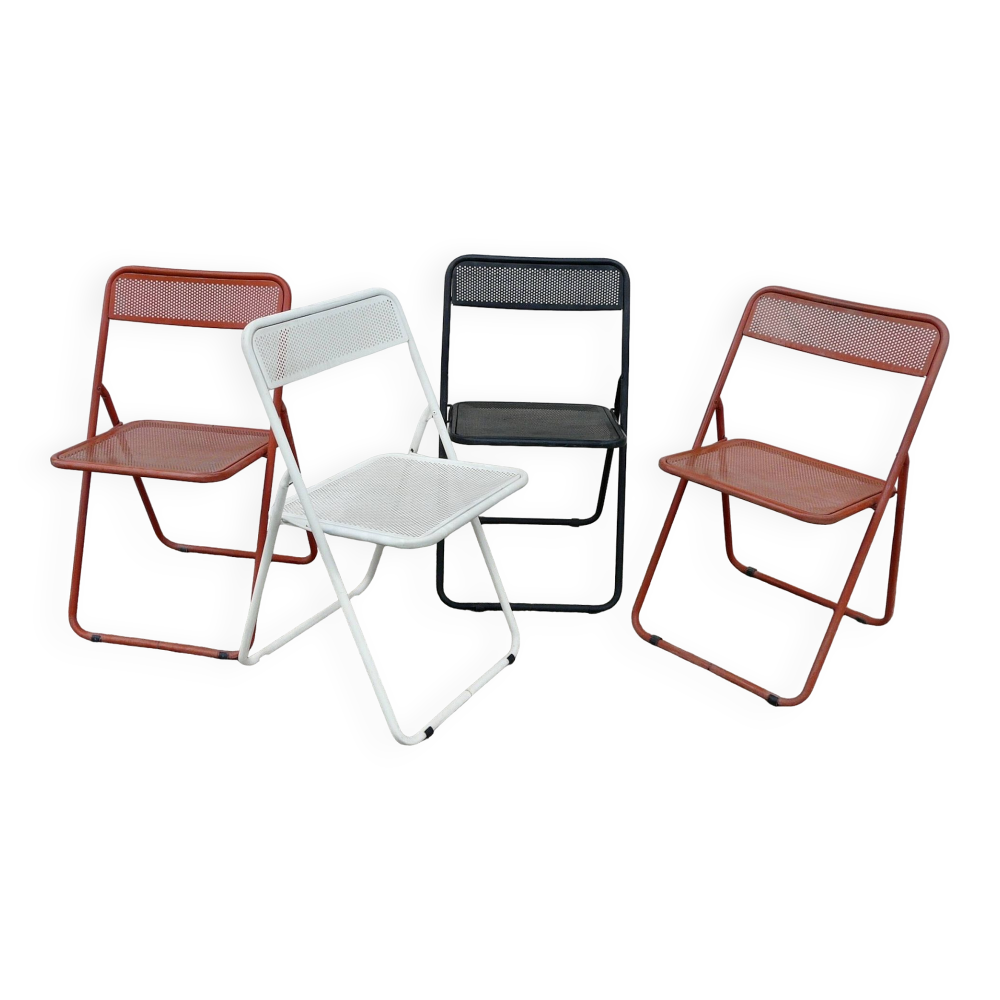 Set of 4 vintage perforated metal folding chairs 1970-80 red, white and black