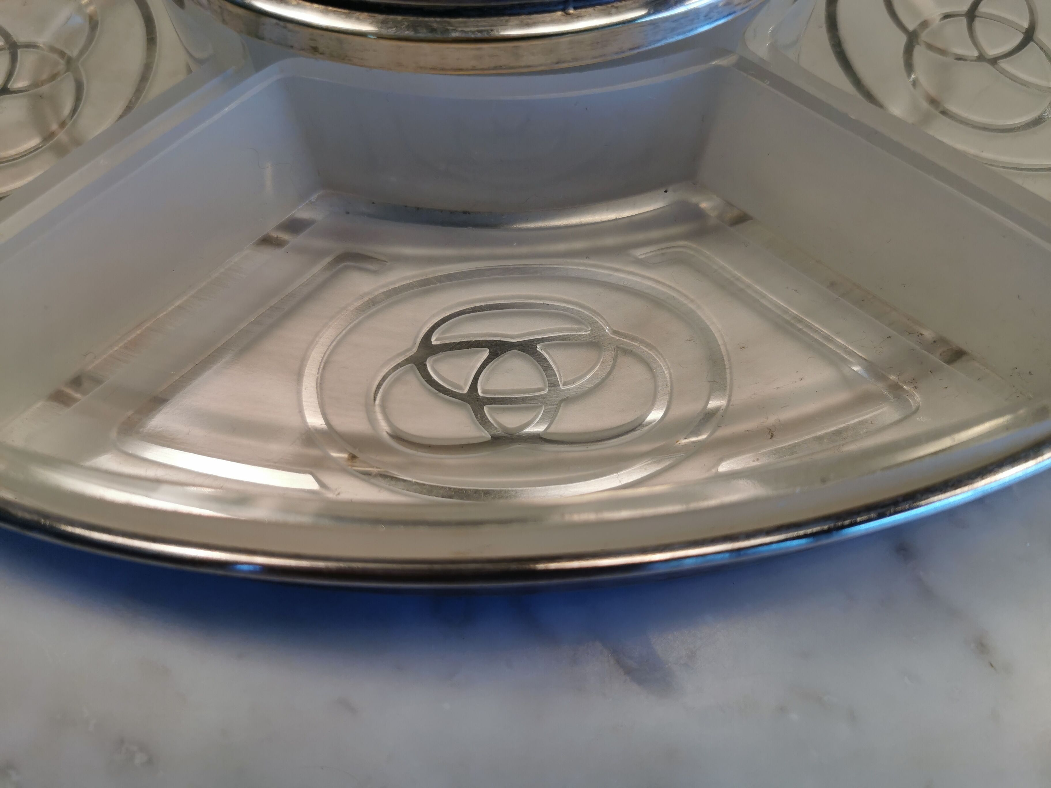 Vintage Art Deco silver-plated tray with glass bowls.