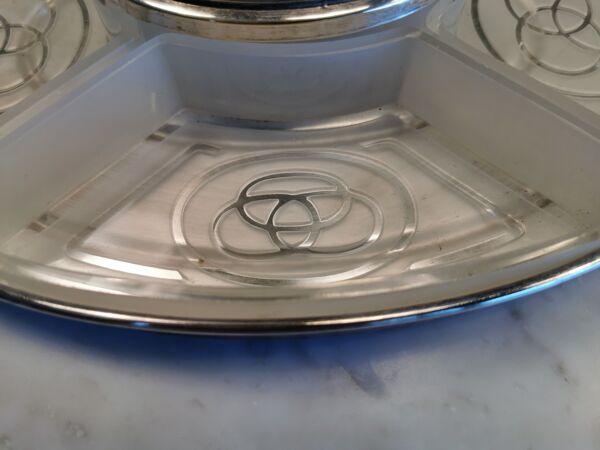 Plateau ancien art déco métal argenté coupelles en verre