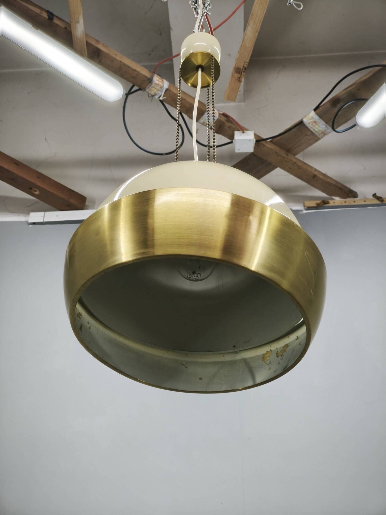 1970s NAPAKO Space Age Brass and Cream Pendant Light, Czechoslovakia