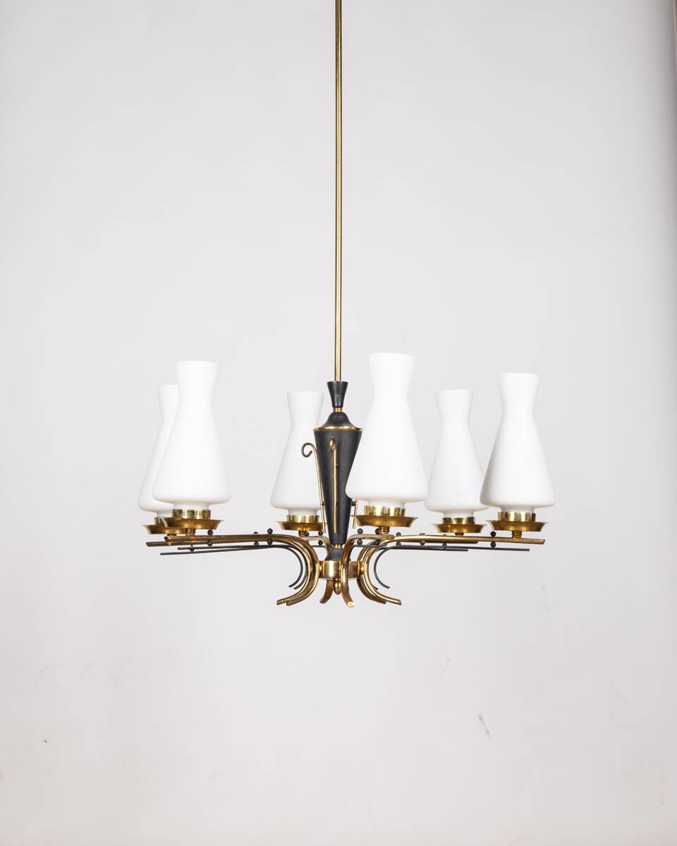 VINTAGE 50'S CHANDELIER IN BRASS AND GLASS ITALIAN DESIGN