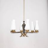 VINTAGE 50'S CHANDELIER IN BRASS AND GLASS ITALIAN DESIGN