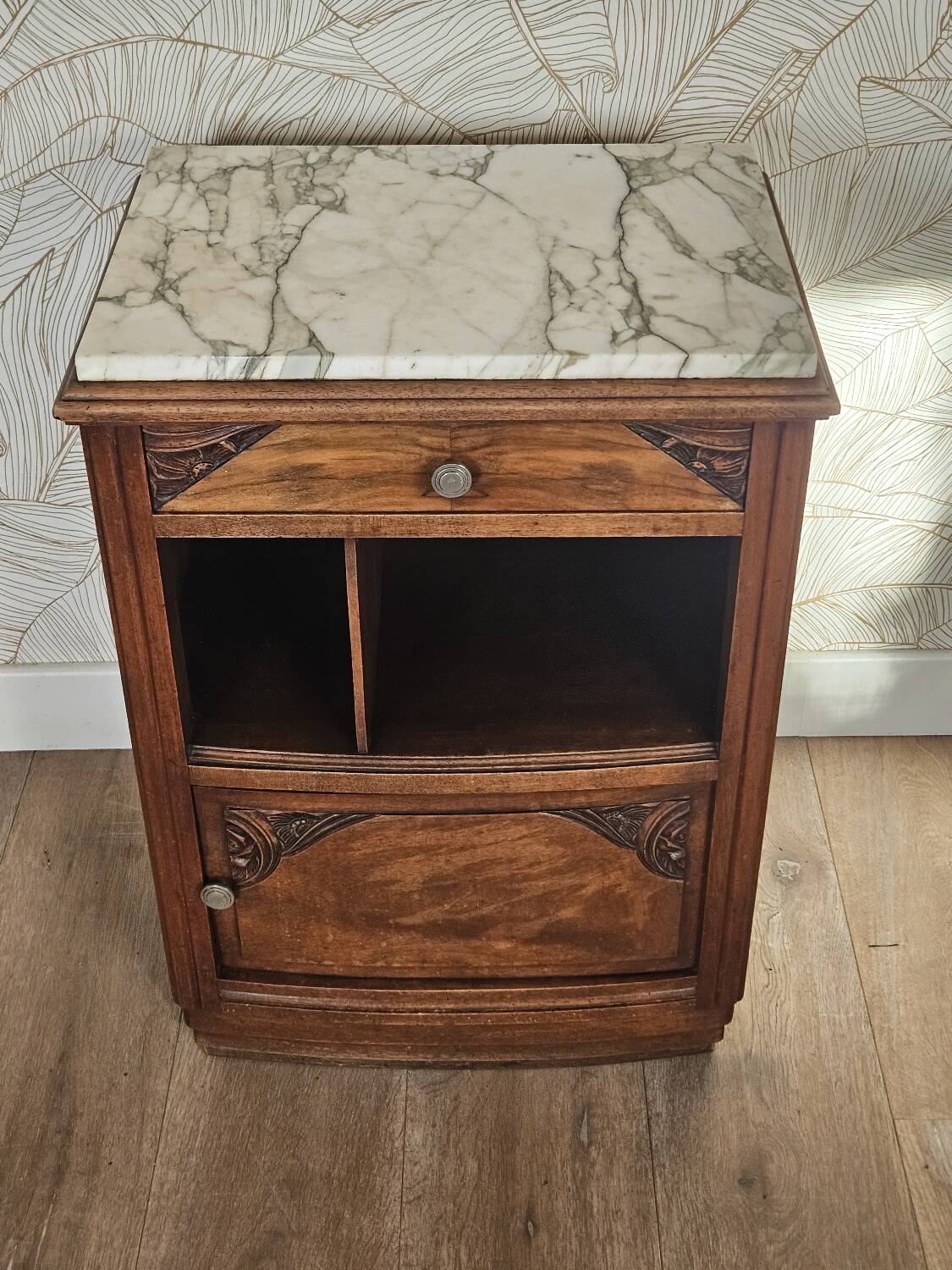 Art Deco bedside table in walnut and marble