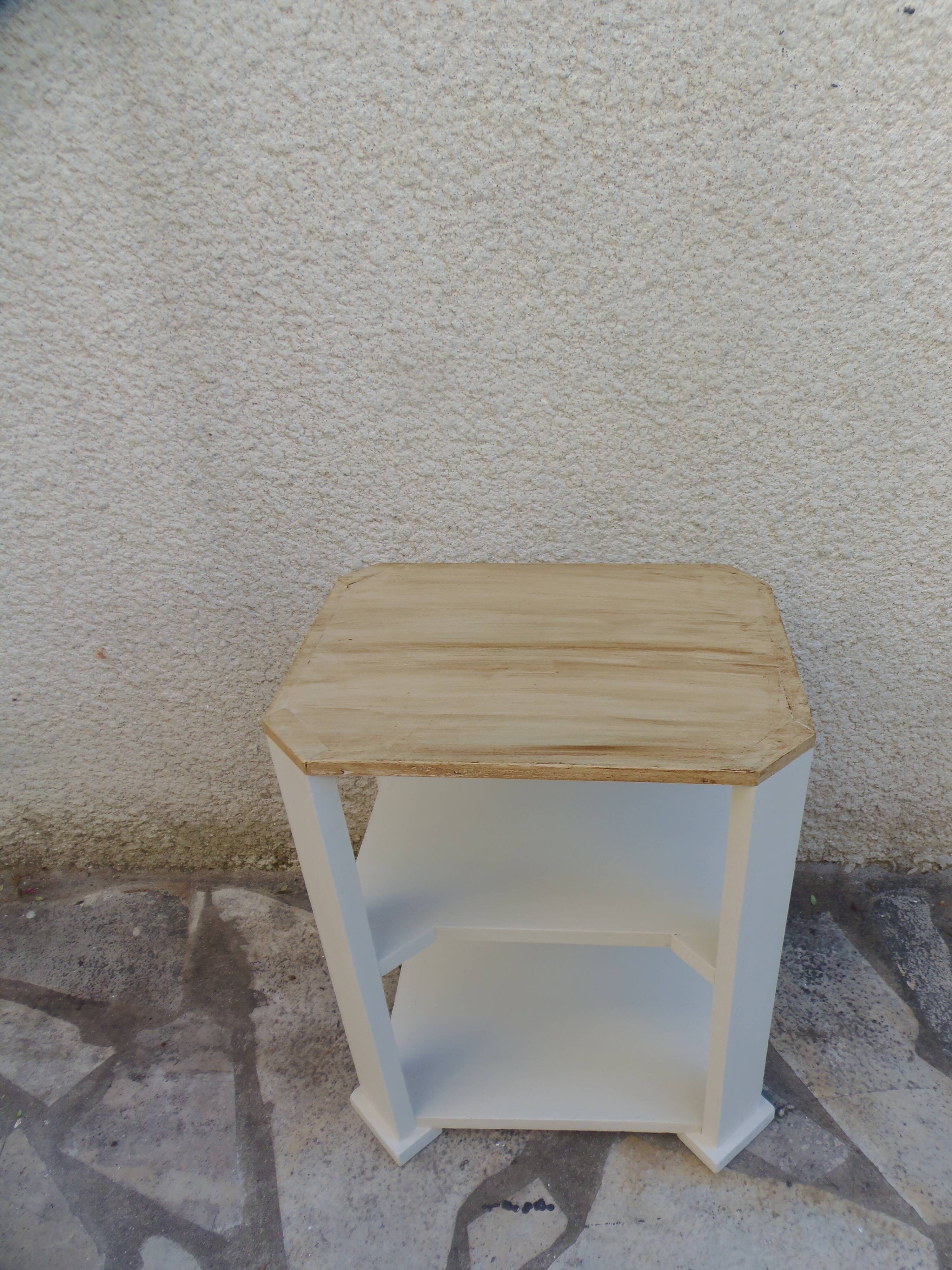 Vintage side table reimagined in beige, wooden tops.