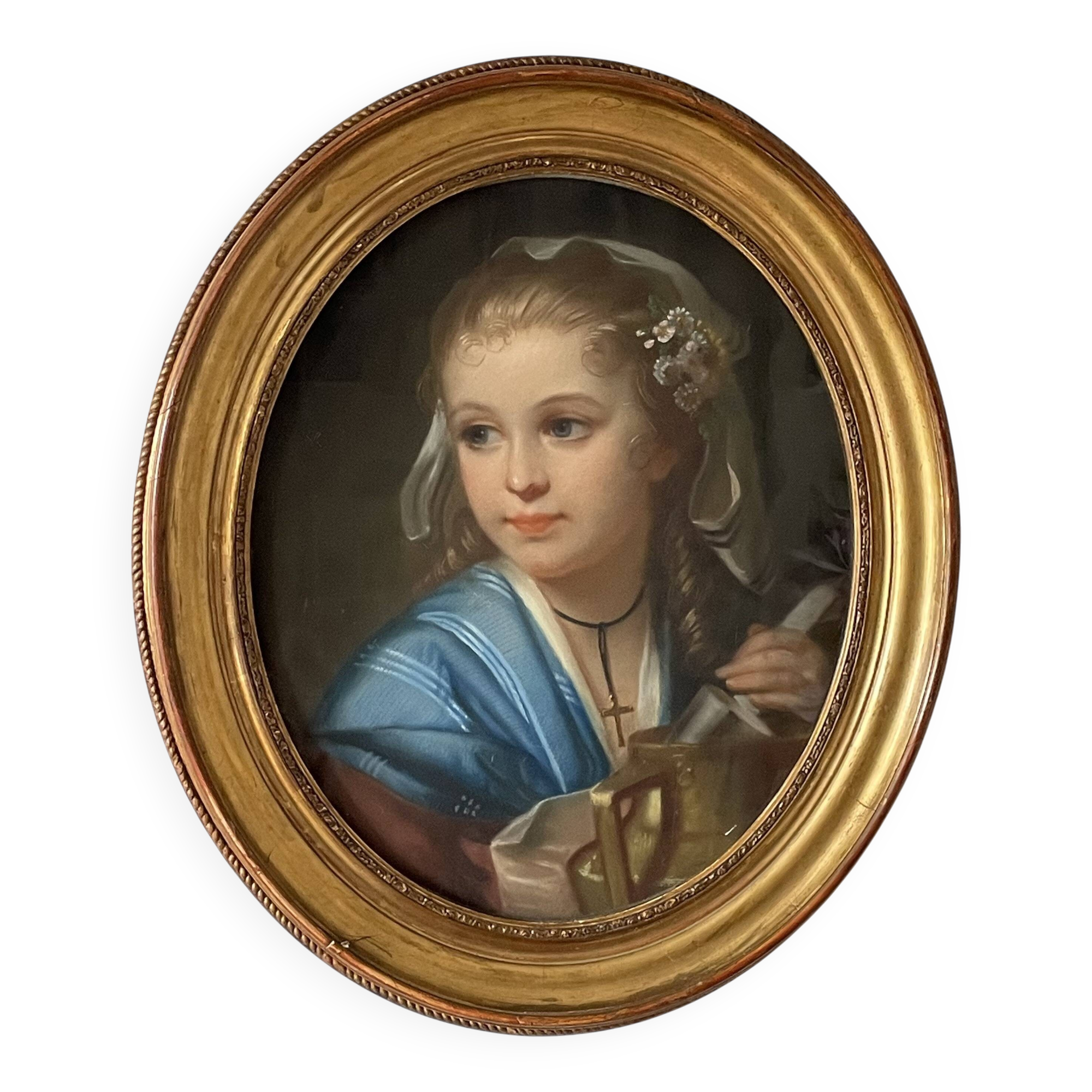 Portrait of a young girl in pastel from the 19th century.