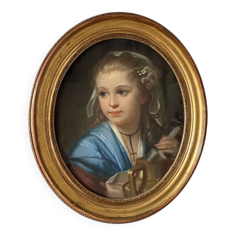 Portrait of a young girl in pastel from the 19th century.