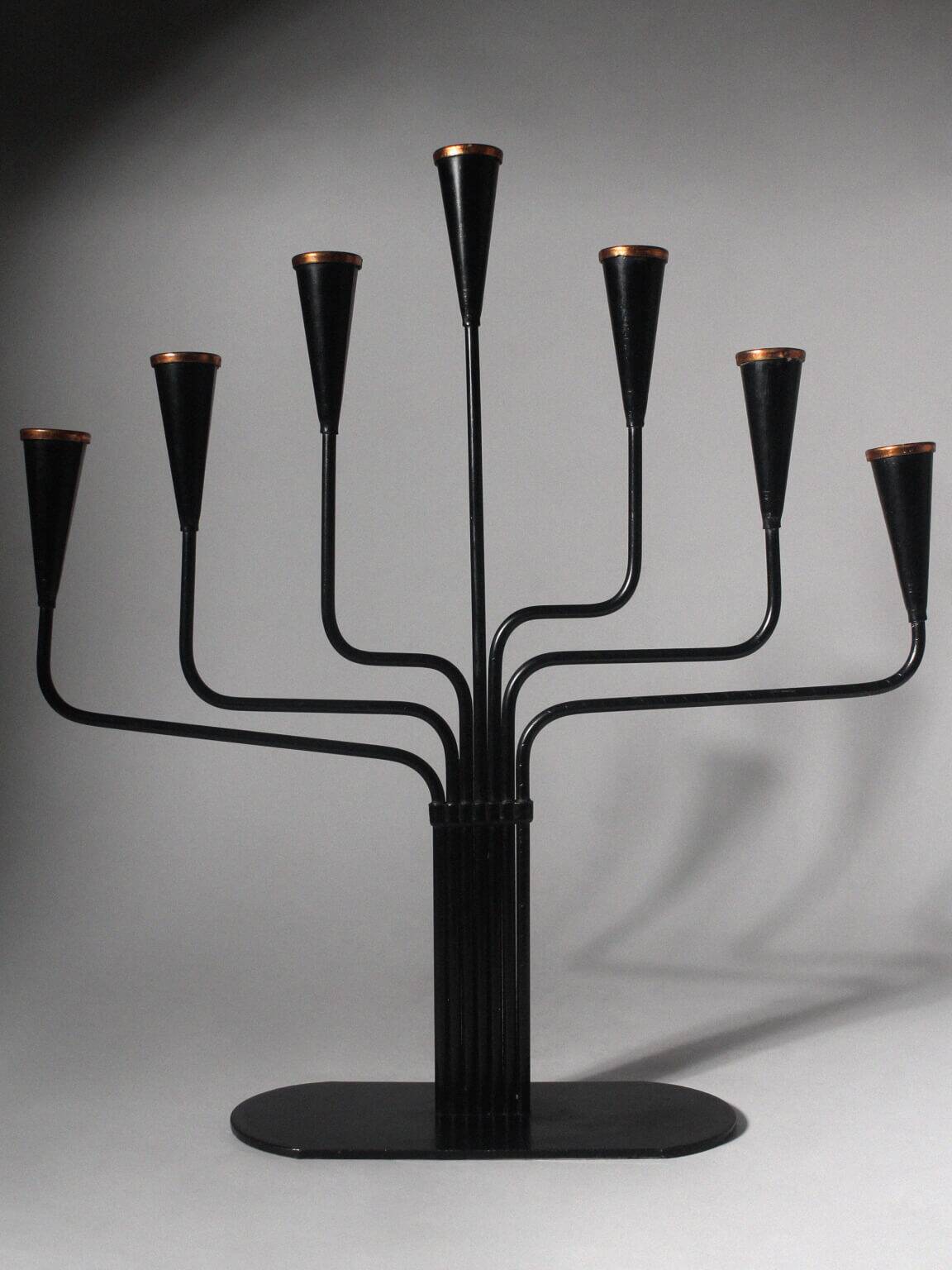 Gunnar Ander Black Metal And Copper Candelabra, For Ystad Metall, 1960s
